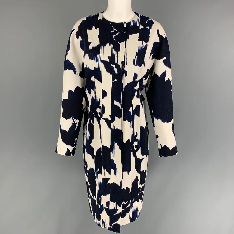 DELPOZO Size 6 Navy White Viscose Abstract Floral Wool Collarless Coat Zip Front Button Front Snap Front DELPOZO Size 6 Navy White Viscose Abstract Floral Wool Collarless Coat Zip Front Button Front Snap Front