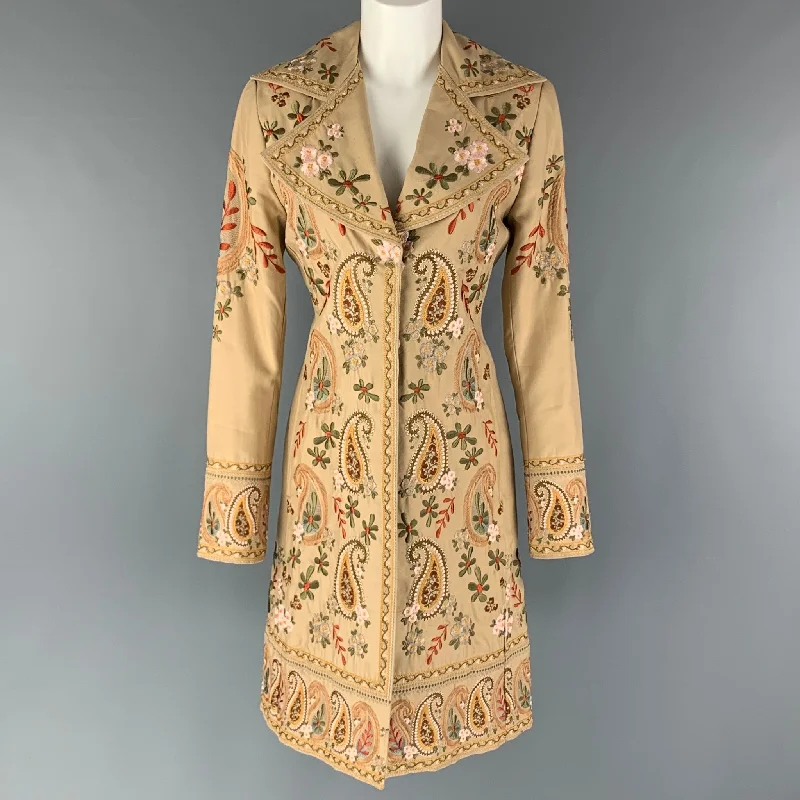 BIYA Size XS Beige Multi-Color Silk Embroidered Snaps Coat Bomber Denim Leather