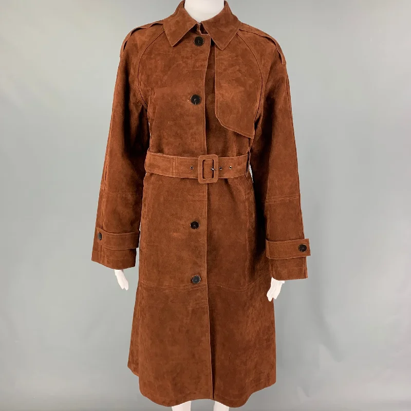 THEORY Size S Brown Suede Lamb Skin Trench Coat Hooded Caped Scarf