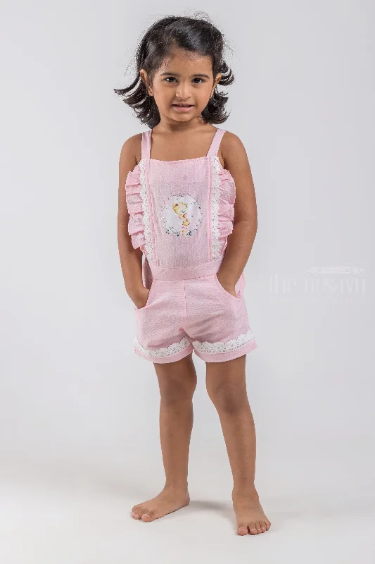 Cute Teddy Bear Printed Sleeveless Pink Top and Pink Trouser Set for Baby Girls Wide Leg Loose Fit Mid Waist