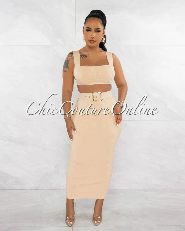 Megan Nude Crop Top & Belted Maxi Skirt Bandage Set Graphic Embroidered Appliqued