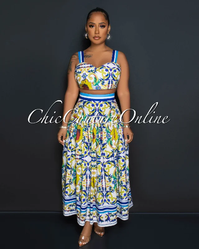 Crisanto White Multi-Color Print Crop Top & Maxi Skirt Set Anti-Shrink Durable Soft