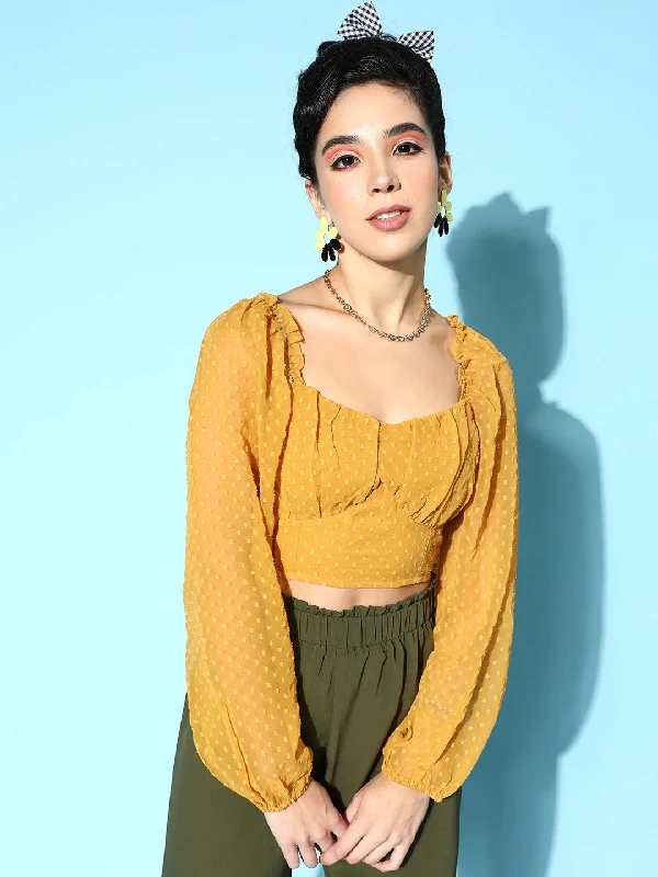 Berrylush Women Solid Mustard Yellow Dobby Weave Sweetheart Neck Georgette Semi-Sheer Pleated Empire Crop Top Silk Blend Satin Velvet