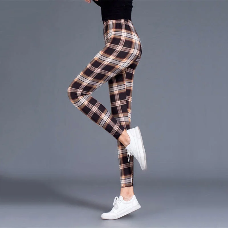 High Waist Plaid Leggings Chic Smooth Fit Leggings