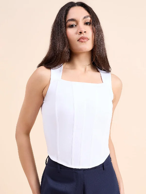 Solid White Square Neck Corset Crop Top In Stretch Fabric Handmade Hand-knitted Hand-woven