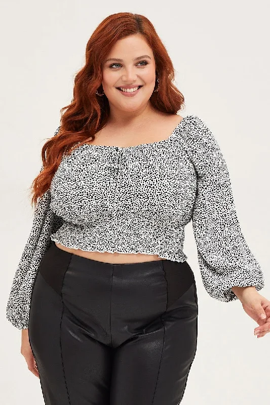 Geo Print Crop Top Long Sleeve Shirred Wool Fabric Cashmere Fabric Tweed Fabric