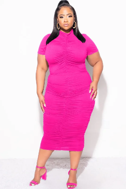Final Sale Plus Size 2pc Set Ruched Crop Top & Skirt in Hot Pink Ribbed Striped Patterned Final Sale Plus Size 2pc Set Ruched Crop Top & Skirt in Hot Pink Ribbed Striped Patterned