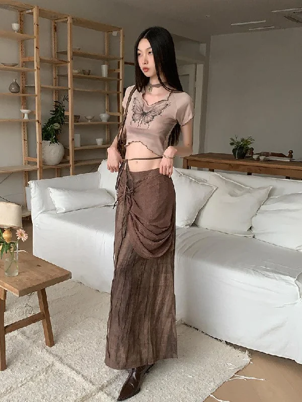 Fairycore Butterfly Crop Top & Maxi Skirt Two Piece Set Thin Crop Top Open Front Quick Dry Fairycore Butterfly Crop Top & Maxi Skirt Two Piece Set Thin Crop Top Open Front Quick Dry