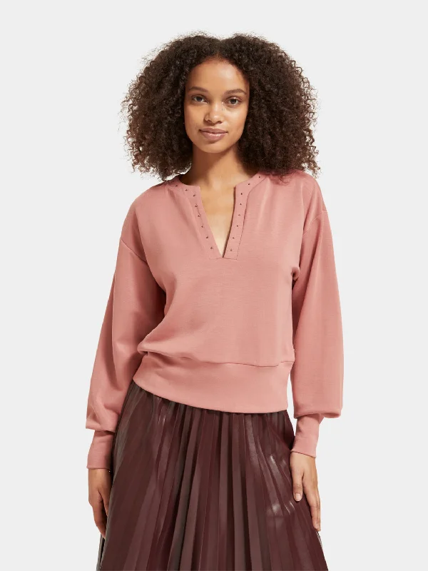 V-neck puff sleeved sweatshirt Hoodie with Applique Textured Unique