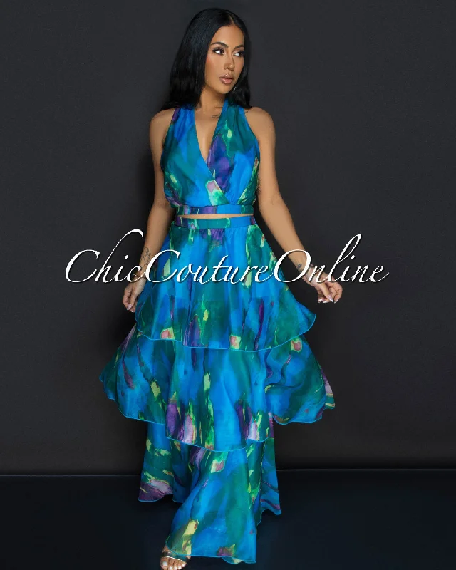Donica Blue Multi Print Crop Top & Tier Maxi Skirt Set Anti-Shrink Durable Soft