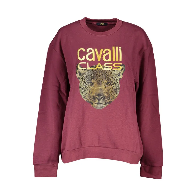 Cavalli Class Purple Fleece Crew Neck Sweatshirt with Logo Print Hoodie with Side Slits Relaxed Casual