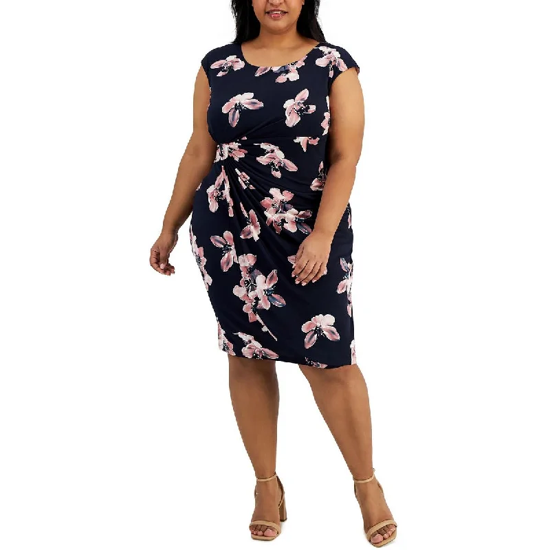 Connected Apparel Womens Plus Printed Midi Sheath Dress Elegant Floral Skirt Midi Dress