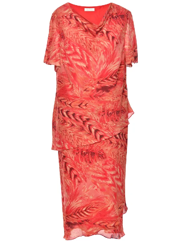 Midi-Length Abstract Print Red Dress - L Cozy T-shirt Midi Dress