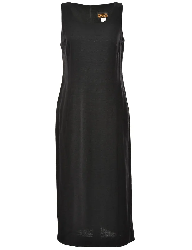 Midi Length Black Dress - L Elegant Pleated Sleeve Midi Dress