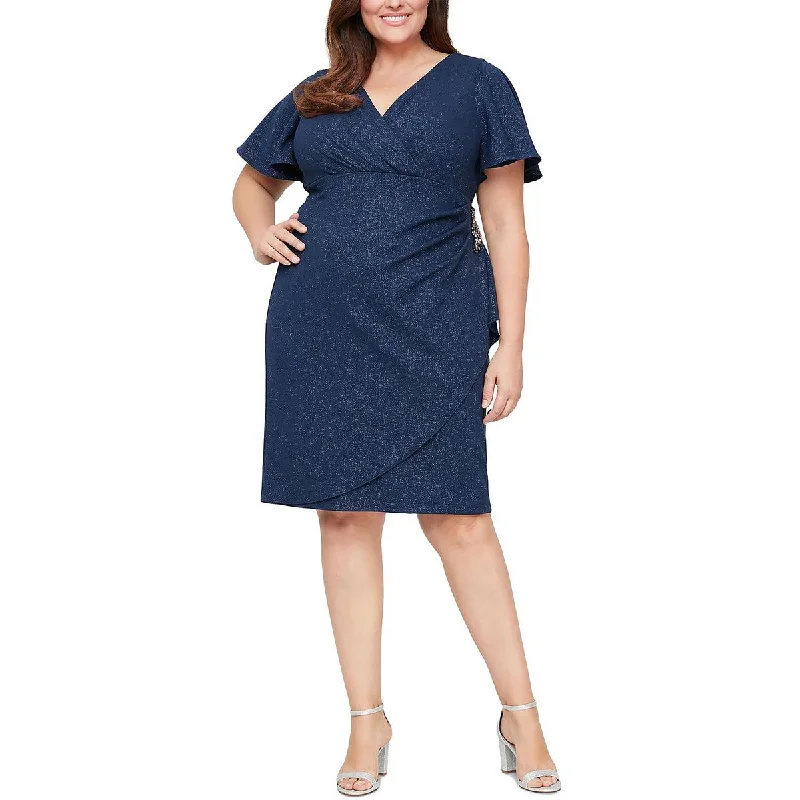 SLNY Womens Plus Sparkle Midi Sheath Dress Comfortable Ruched Midi Dress