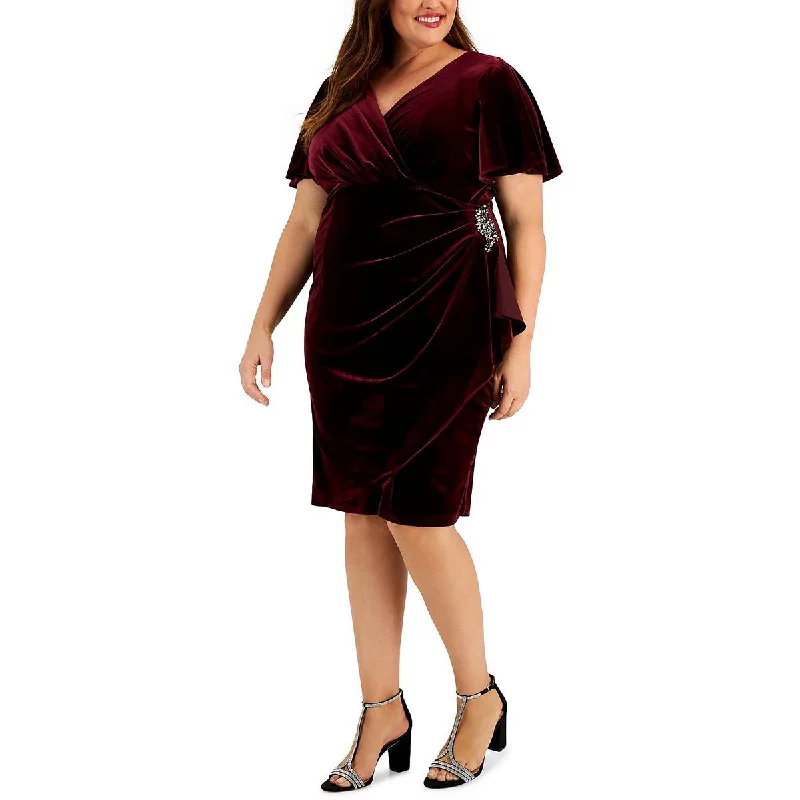 SLNY Womens Plus Velvet Midi Sheath Dress Elegant V-Neck Midi Dress