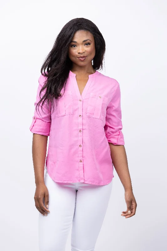 Nic & Zoe Drapey Utility Shirt in Pink Lotus-- Spandex Blend Rayon Blend Denim Blend Nic & Zoe Drapey Utility Shirt in Pink Lotus-- Spandex Blend Rayon Blend Denim Blend