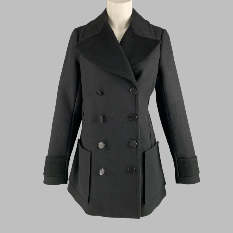 BALENCIAGA Size 8 Black Virgin Wool Blend Double Breasted Coat Welt Pockets Slit Pockets Flap Pockets BALENCIAGA Size 8 Black Virgin Wool Blend Double Breasted Coat Welt Pockets Slit Pockets Flap Pockets