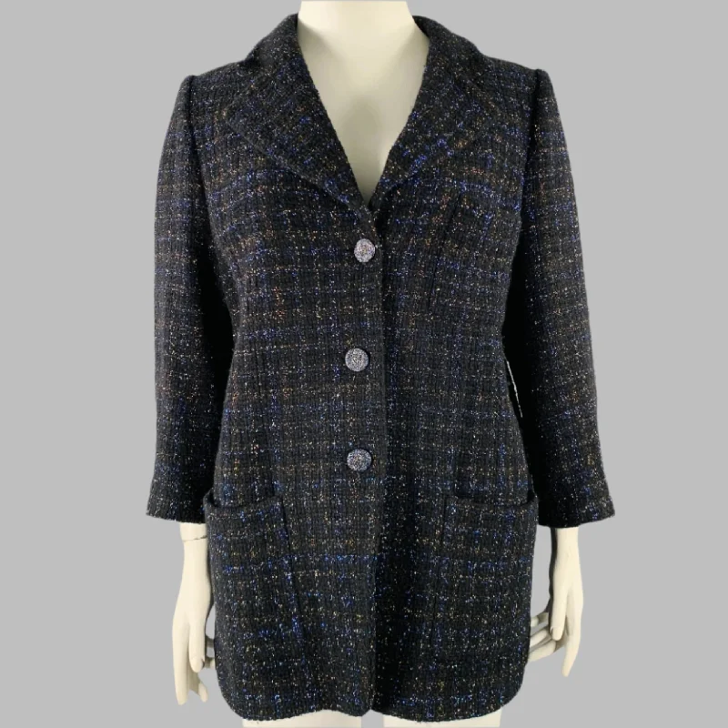 CHANEL Size 18 Black Navy Cotton Blend Shiny 3/4 Sleeves Coat Elasticated Drawstring Belted CHANEL Size 18 Black Navy Cotton Blend Shiny 3/4 Sleeves Coat Elasticated Drawstring Belted