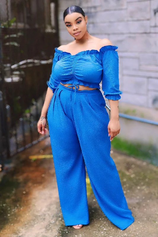 Ashlee Off Shoulder Crop Top and Palazzo Pants Set - Blue Zippered Front Buttoned Front Snap Front Ashlee Off Shoulder Crop Top and Palazzo Pants Set - Blue Zippered Front Buttoned Front Snap Front