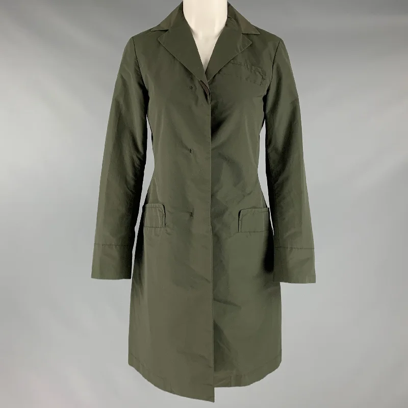 JIL SANDER Size 2 Olive Cotton Polyamide Solid Notch Lapel Coat Tailored Straight A-Line JIL SANDER Size 2 Olive Cotton Polyamide Solid Notch Lapel Coat Tailored Straight A-Line