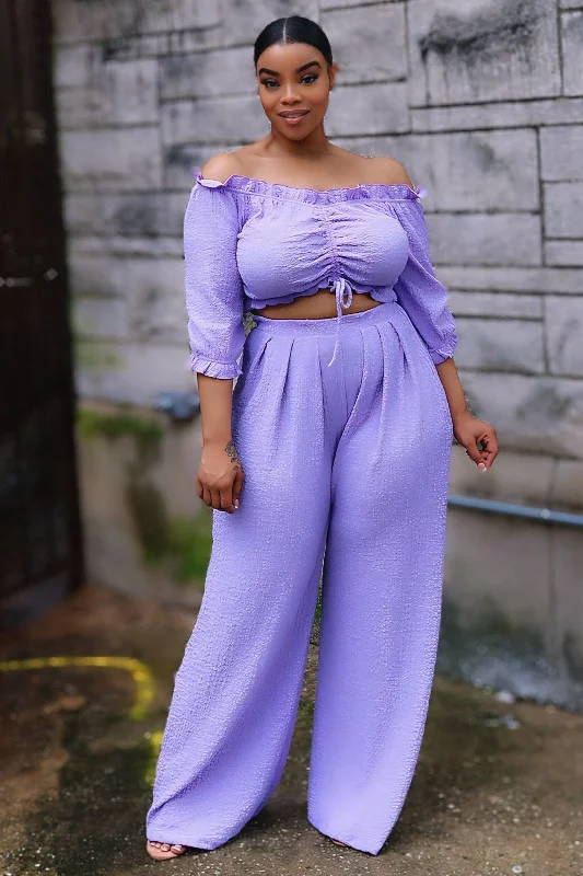 Ashlee Off Shoulder Crop Top and Palazzo Pants Set - Lavender Hooded Caped Shawl Collar Ashlee Off Shoulder Crop Top and Palazzo Pants Set - Lavender Hooded Caped Shawl Collar