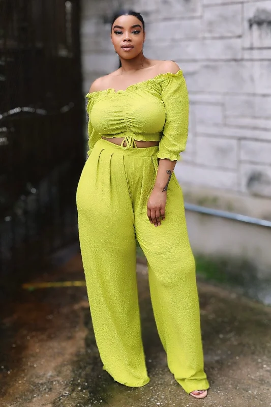 Ashlee Off Shoulder Crop Top and Palazzo Pants Set - Chartreuse Notch Collar Peter Pan Collar Cowl Neck Ashlee Off Shoulder Crop Top and Palazzo Pants Set - Chartreuse Notch Collar Peter Pan Collar Cowl Neck