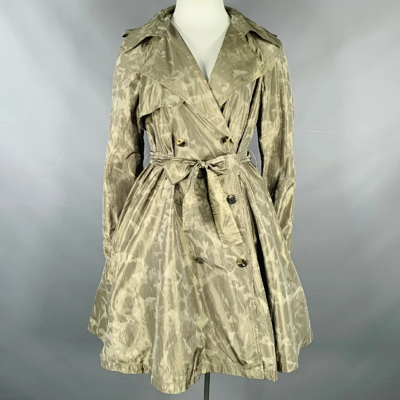 LANVIN 2011 Size 10 Green Olive Polyester Silk Marbled Double Breasted Trench Coat Mesh Canvas Denim LANVIN 2011 Size 10 Green Olive Polyester Silk Marbled Double Breasted Trench Coat Mesh Canvas Denim