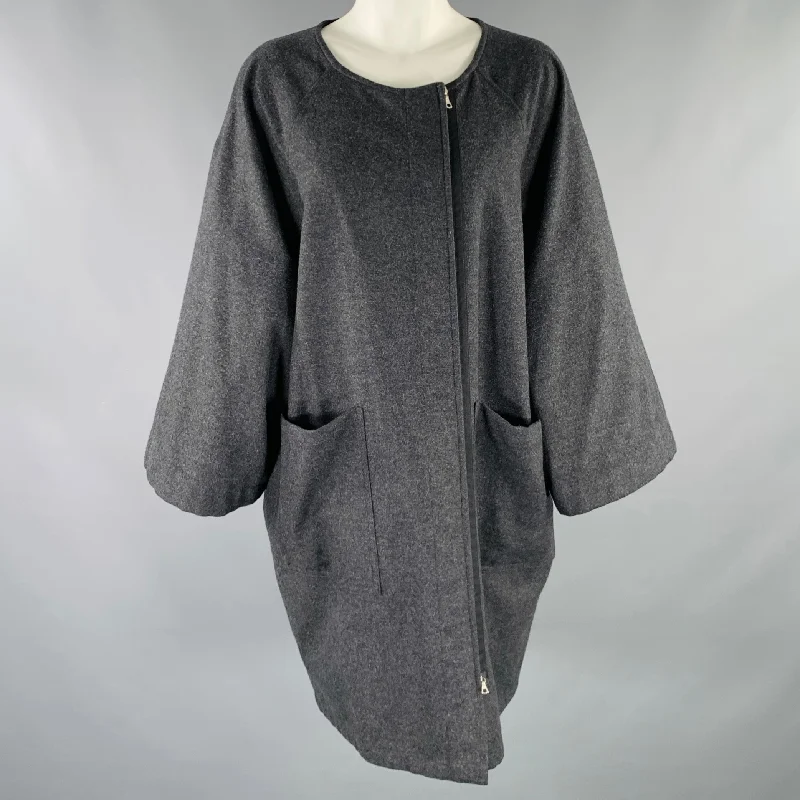 DRIES VAN NOTEN Size S Grey Wool Cashmere Collarless Zip Up Coat Sequined Lace Ribbed DRIES VAN NOTEN Size S Grey Wool Cashmere Collarless Zip Up Coat Sequined Lace Ribbed