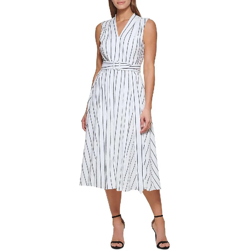 DKNY Womens Belted Midi Fit & Flare Dress Cozy Spaghetti Strap Midi Dress